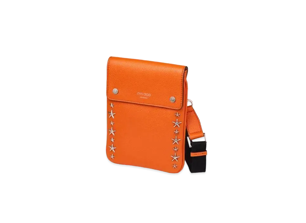 JIMMY CHOO KIMI MESSANGER Soft Grainy Curf Leather Bag With Silver Star Studs "Amber Orange"