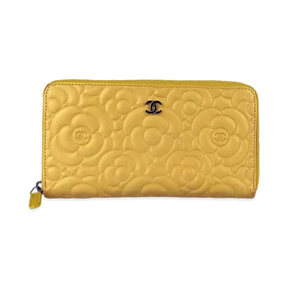 CHANEL Camellia Lamb Skin Zip Around Wallet "Yellow"