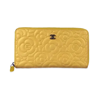 CHANEL Camellia Lamb Skin Zip Around Wallet "Yellow"