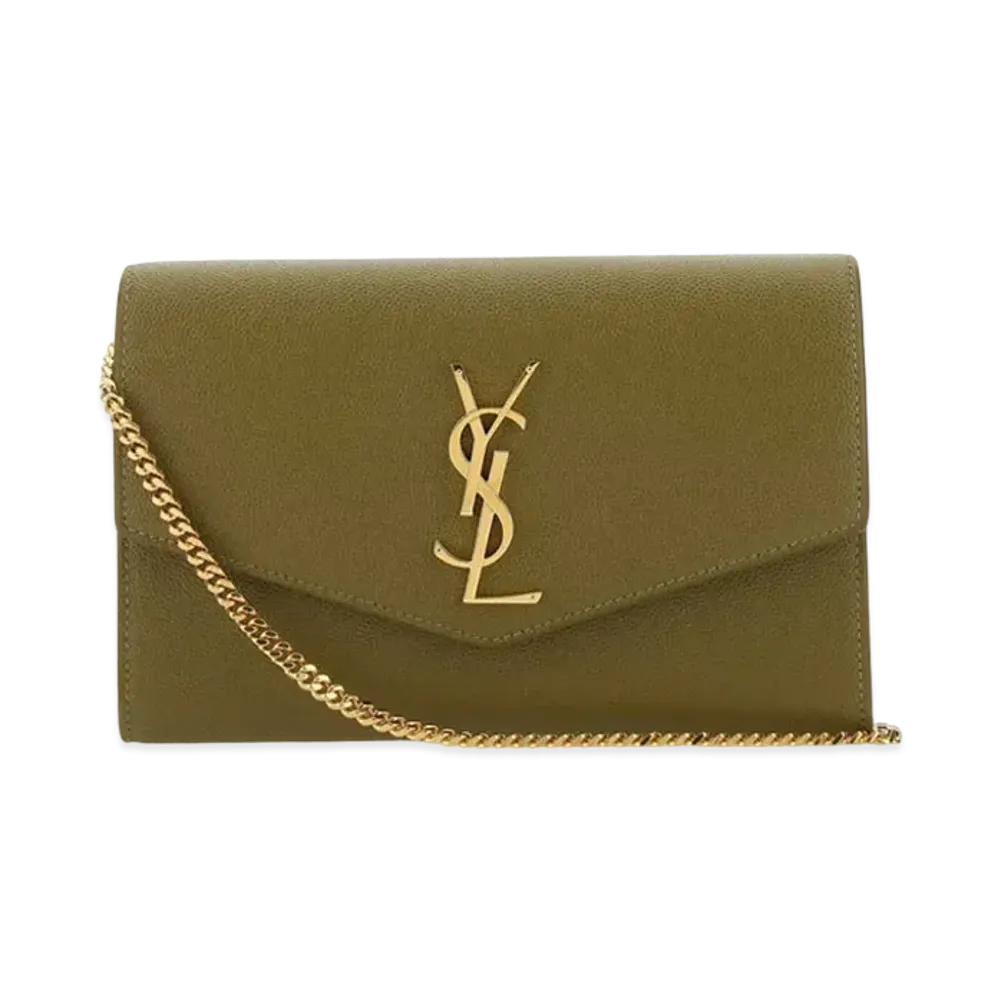 Saint Laurent Uptown Chain Wallet In Grain De Poudre Embossed Leather "Olive Green"