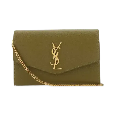 Saint Laurent Uptown Chain Wallet In Grain De Poudre Embossed Leather "Olive Green"