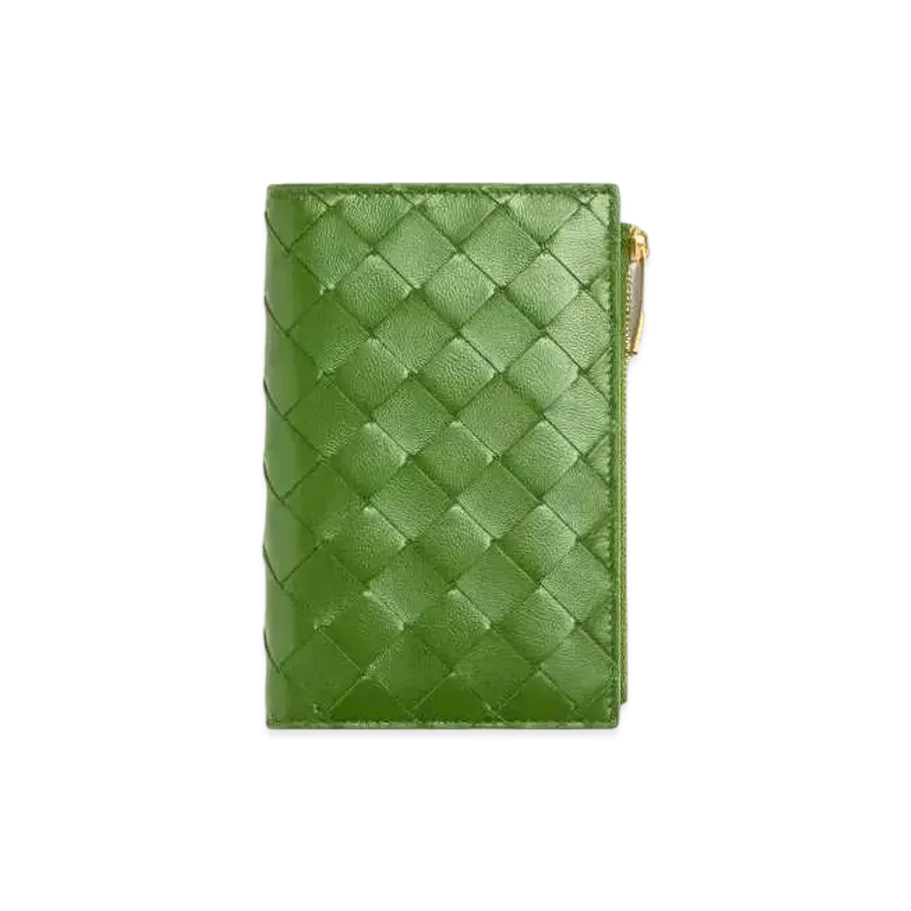 Bottega Veneta Intrecciato Lambskin Calfskin Medium Bi-fold Zip Wallet "Avocado"