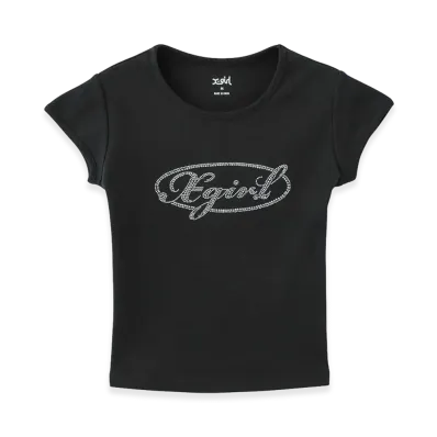 X-Girl Rhinestone Oval Cursive Logo S/S Baby Tee "Black"