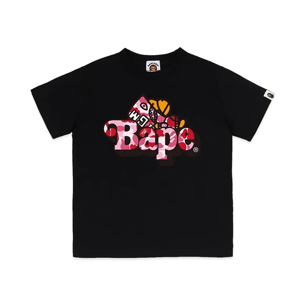 A BATHING APE Kids ABC Camo Shark Milo On Bape Tee "Black/Pink"