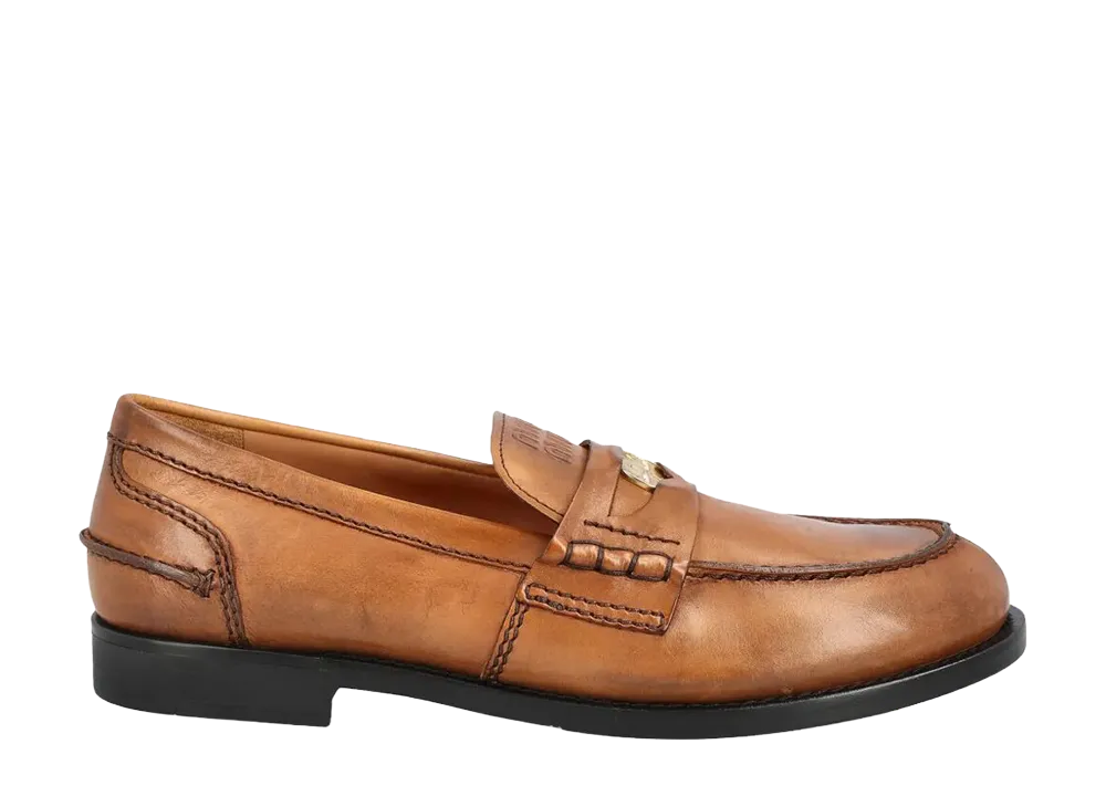 MIU MIU Women's Vintage-Effect Leather Penny Loafers "Brown"