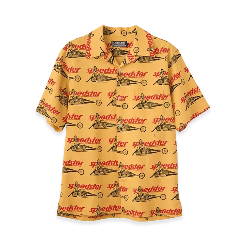 HYSTERIC GLAMOUR Speedster Remix Pattern Open Collar Shirt "Yellow"