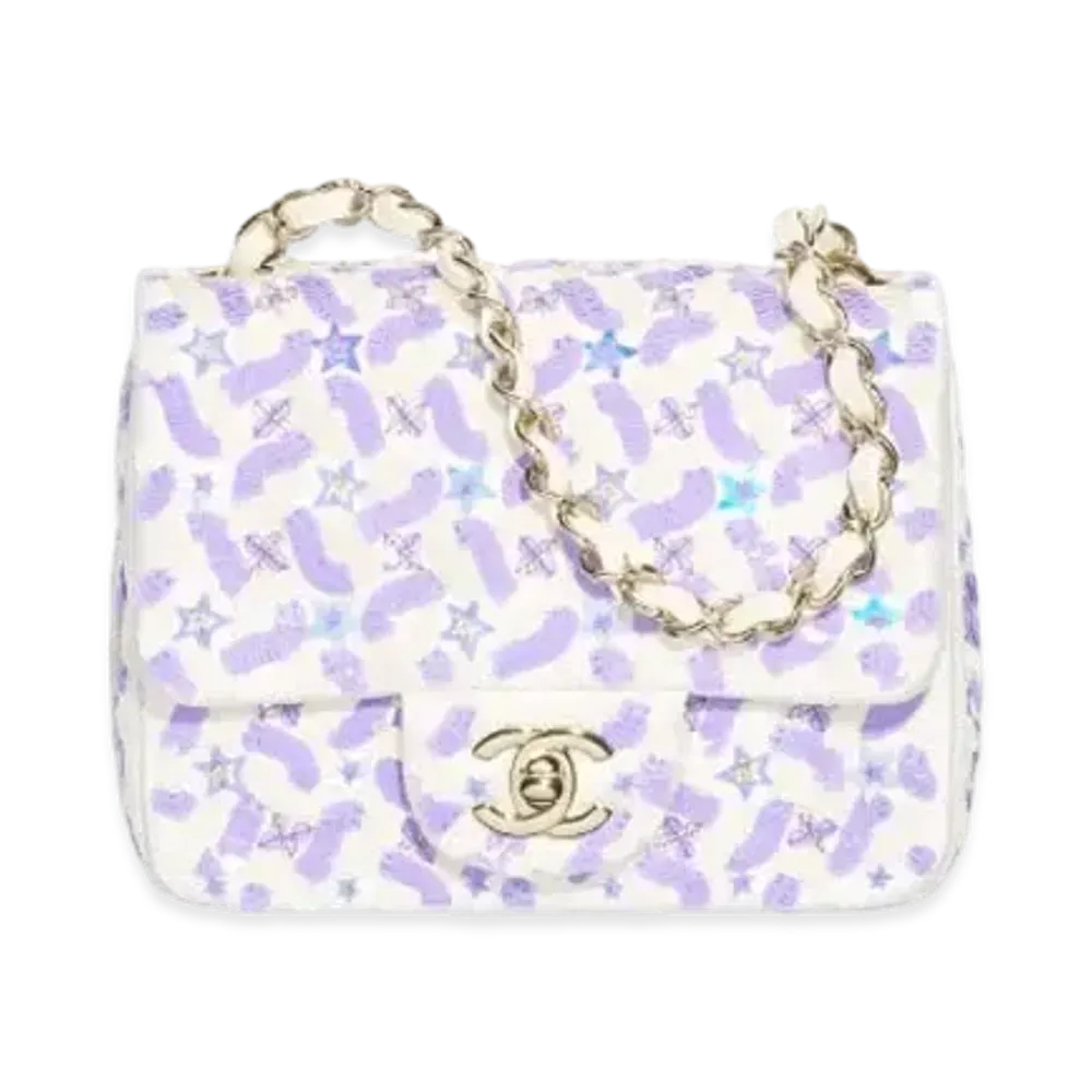 CHANEL Mini Flap Bag Embroidered Satin Sequins Glass Beads Strass Star Sequins & Gold Tone Metal "Purple/White"