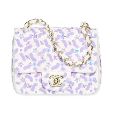CHANEL Mini Flap Bag Embroidered Satin Sequins Glass Beads Strass Star Sequins & Gold Tone Metal "Purple/White"