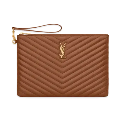 SAINT LAURENT Monogram Tablet Pouch In Quilted Leather "Dark Natural"