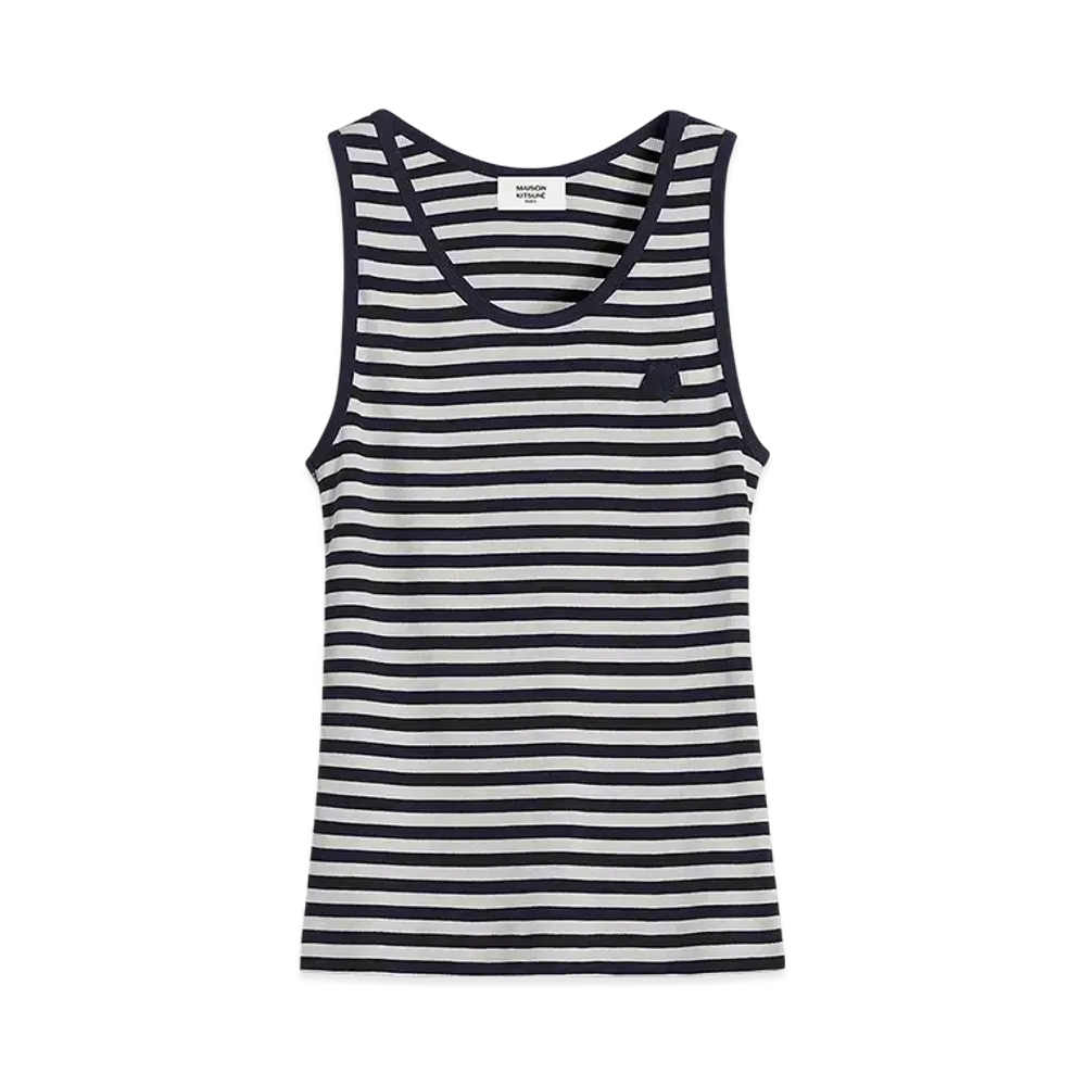 Maison Kitsune Bold Fox Head Patch Multi Stripe Rib Tank Top "Ink Blue/Milk"