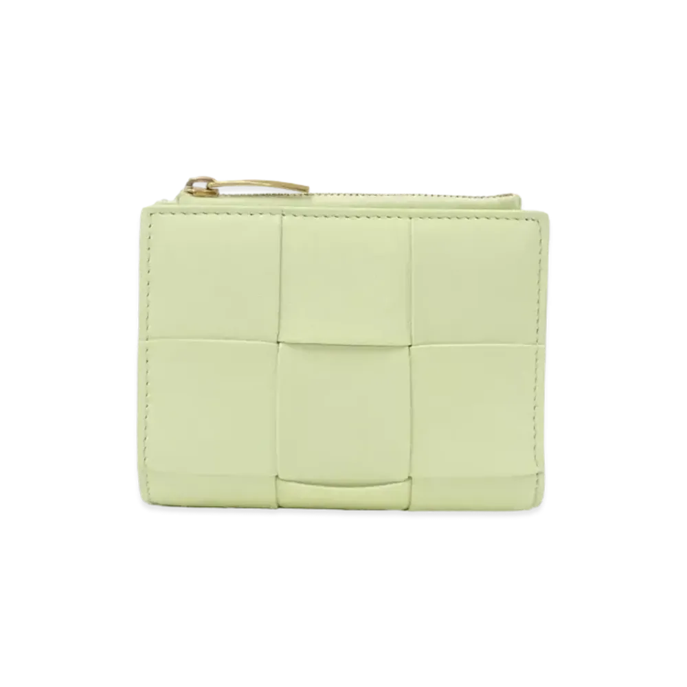 Bottega Veneta Casette Maxi Intrecciato Lambskin Calfskin Small Zip Bi-fold Wallet "Lemon Washed"