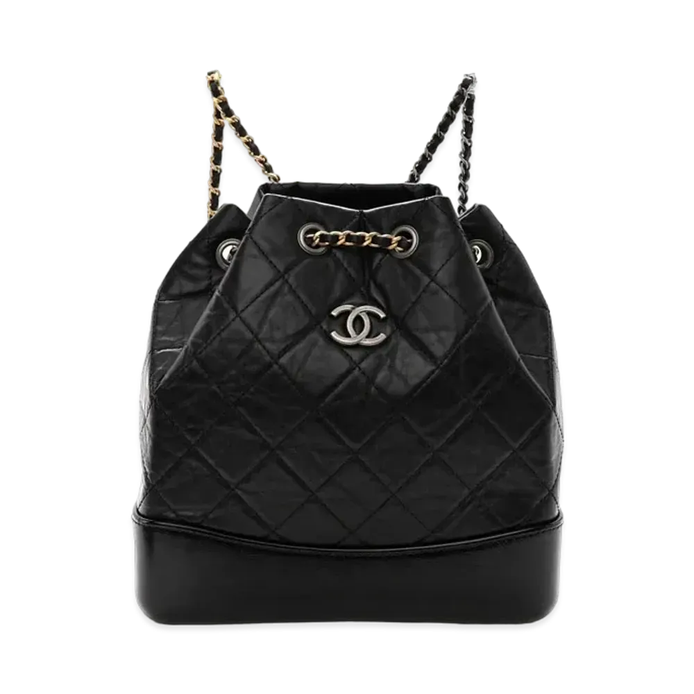 CHANEL Matelasse Gabrielle Drawstring Chain Backpack Aged Calfskin "Black/Silver/Gold"
