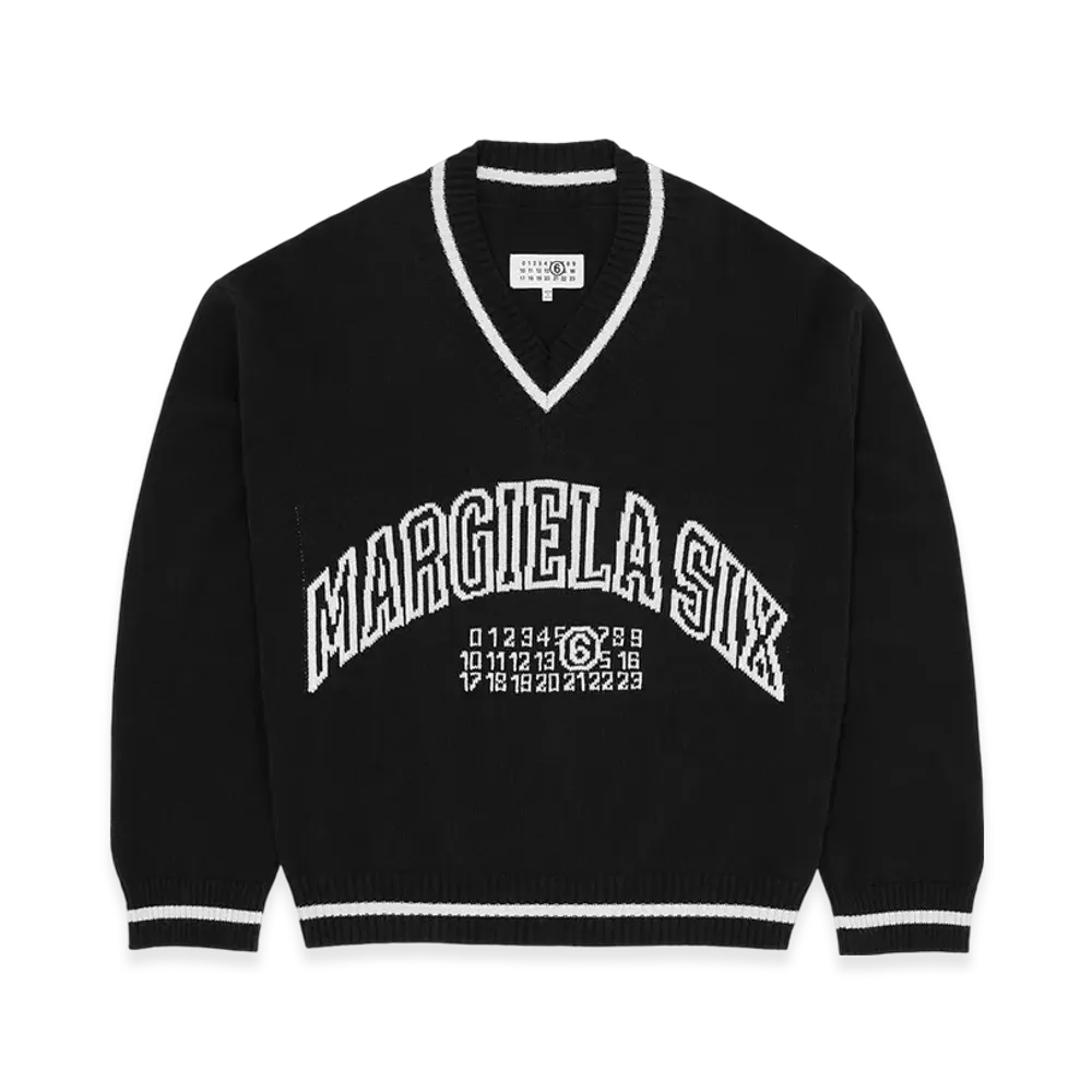 MM6 Maison Margiela Women's V-Neck Varsity Sweater "Black"