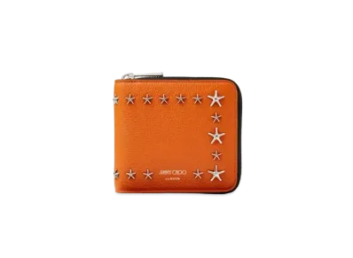 JIMMY CHOO LAWRENCE Soft Grainy Calf Leather Wallet With Star Studs "Amber Orange"