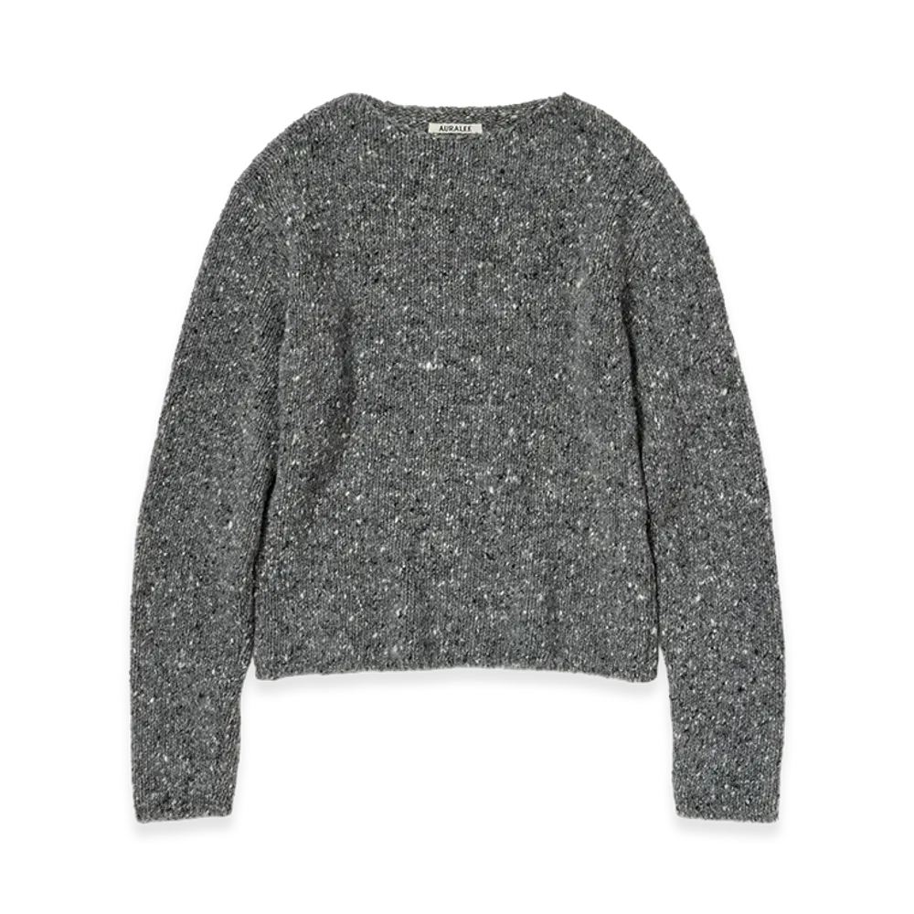 AURALEE Women's Low-Gauge Homespun Tweed Knit Boat-Neck P/O "Top Charcoal"