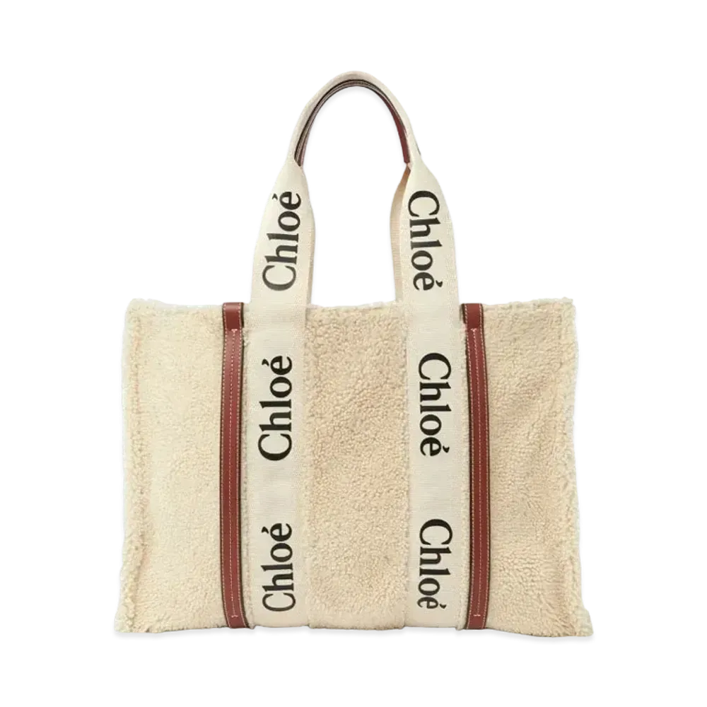 Chloe Large Woody Tote Bag In Shearling & Shiny Calfskin With Woody Ribbon "Beige"