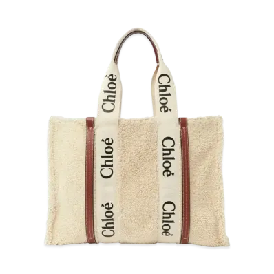 Chloe Large Woody Tote Bag In Shearling & Shiny Calfskin With Woody Ribbon "Beige"