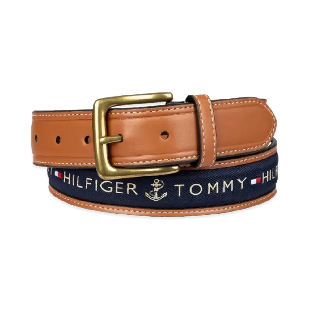TOMMY HILFIGER Anchor Logo Ribbon Inlay Leather Belt "Navy"