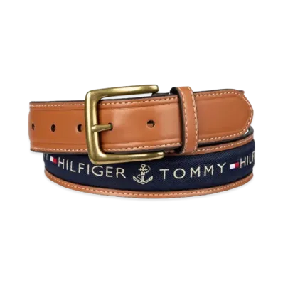 TOMMY HILFIGER Anchor Logo Ribbon Inlay Leather Belt "Navy"