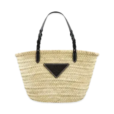PRADA Woven Palm And Leather Tote Bag "Tan/Black"