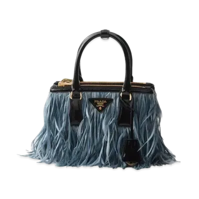PRADA Galleria Mini-Bag with Feather Trim "Light Blue/Black"