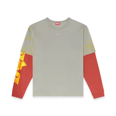 Diesel T-Boxt-Db-LS Layered T-Shirt With Puff Print Logo "Gray Red"