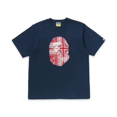 A BATHING APE Paisley Pattern Ape Head Tee "Navy"