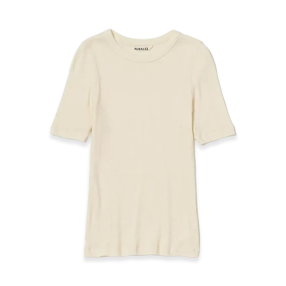 AURALEE Women's Organic Soft Rib Tee "Ivory"