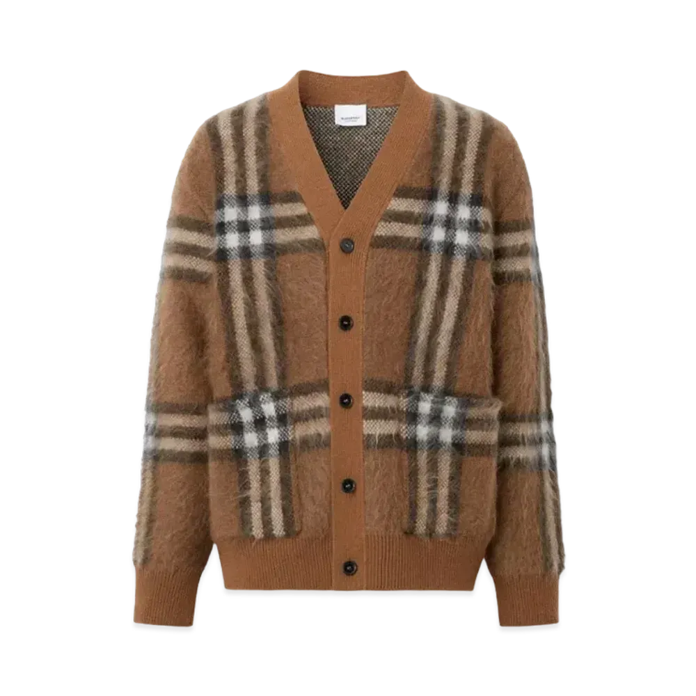 Burberry Men's Check Wool Mohair Blend Jacquard Cardigan "Dark Birch Brown"