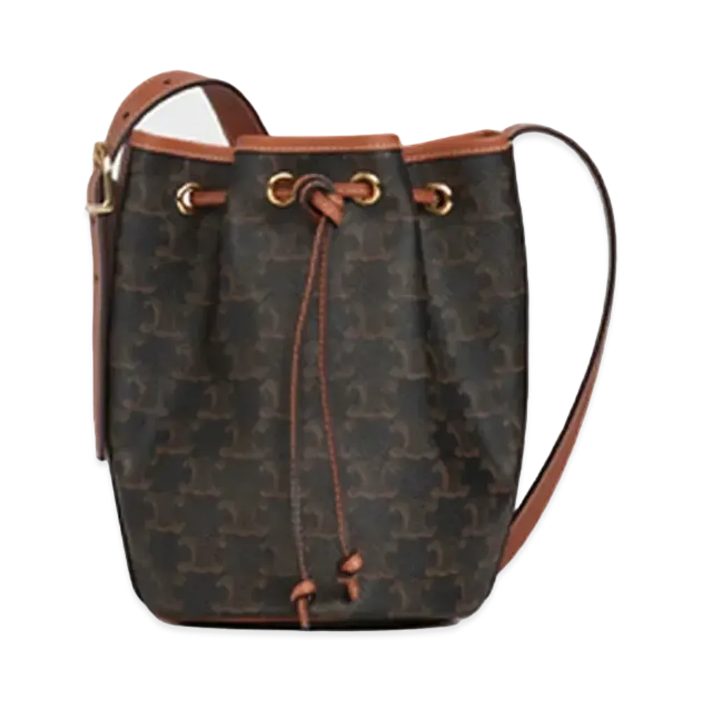CELINE Small Drawstring Bag in Triomphe Canvas and Calfskin "Tan"