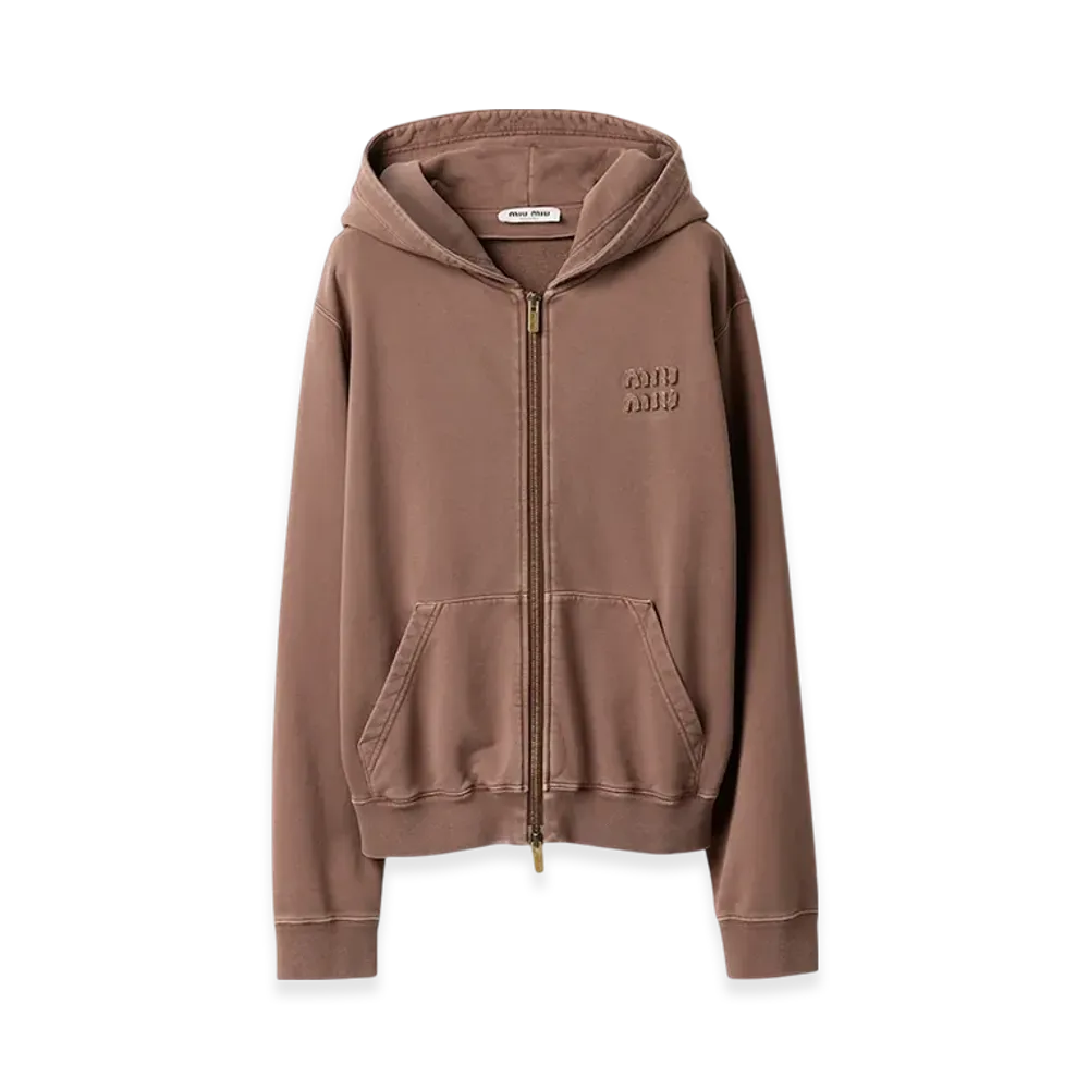 MIU MIU Women's Garment-Dyed Cotton Fleece Hoodie "Cocoa Brown"