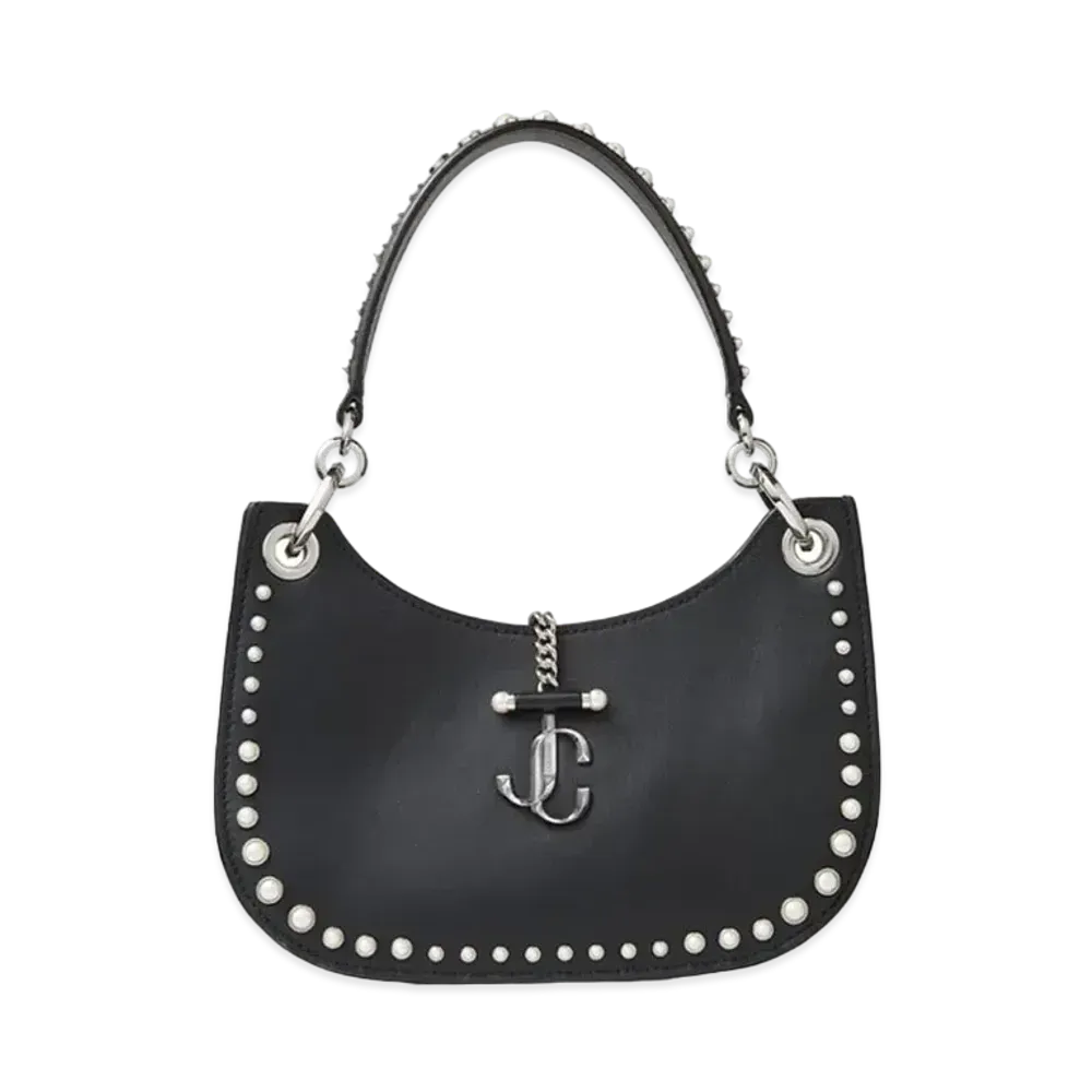 Jimmy Choo Varenne Hobo/S Calf Leather Hobo Handbag With Pearl Studs "Black"