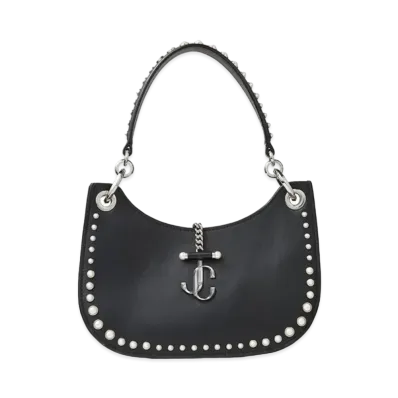 Jimmy Choo Varenne Hobo/S Calf Leather Hobo Handbag With Pearl Studs "Black"
