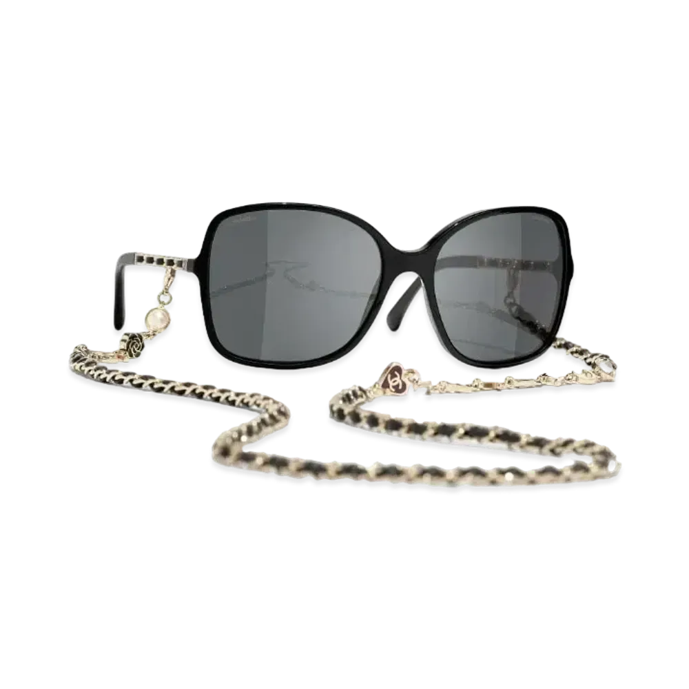 CHANEL Square Sunglasses Acetate Metal & Calfskin Lenses Gray "Black"