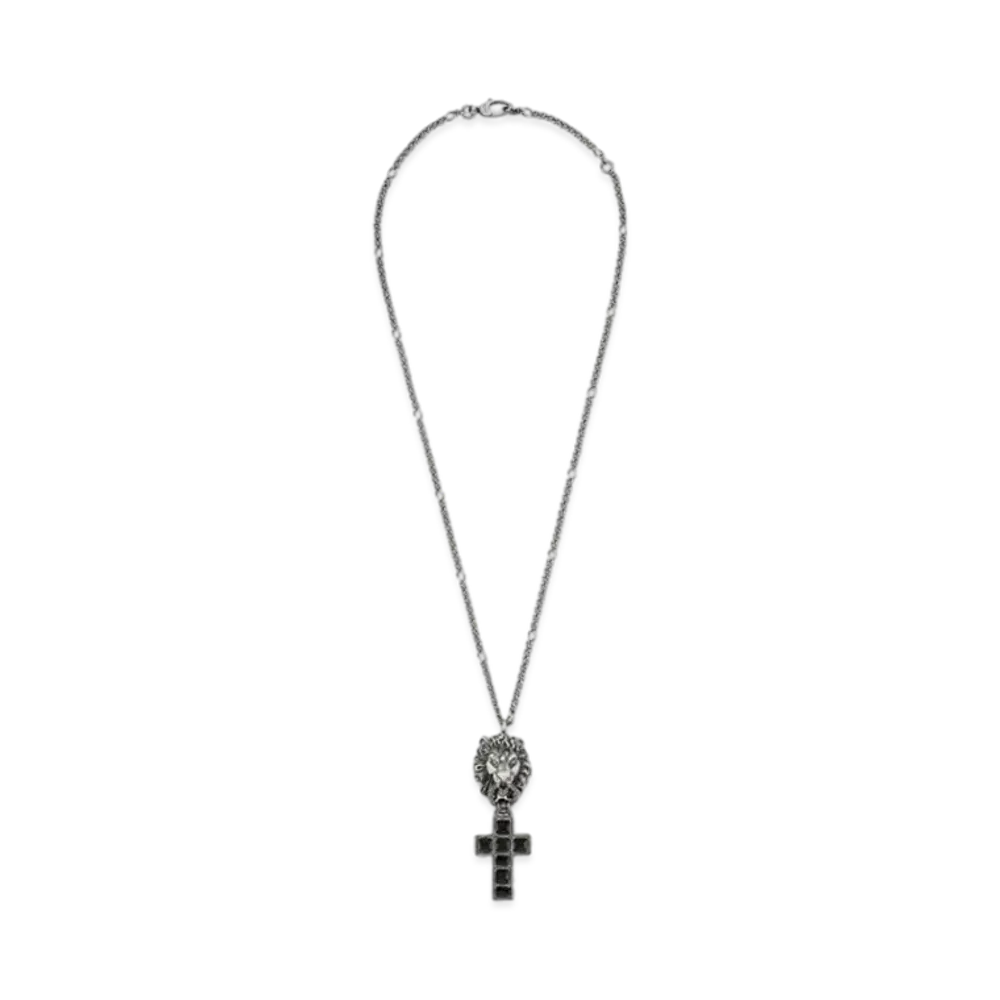 GUCCI Lion Head Cross Pendant Necklace "Silver"