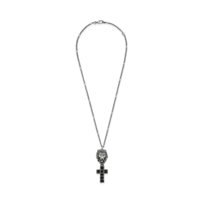 GUCCI Lion Head Cross Pendant Necklace "Silver"