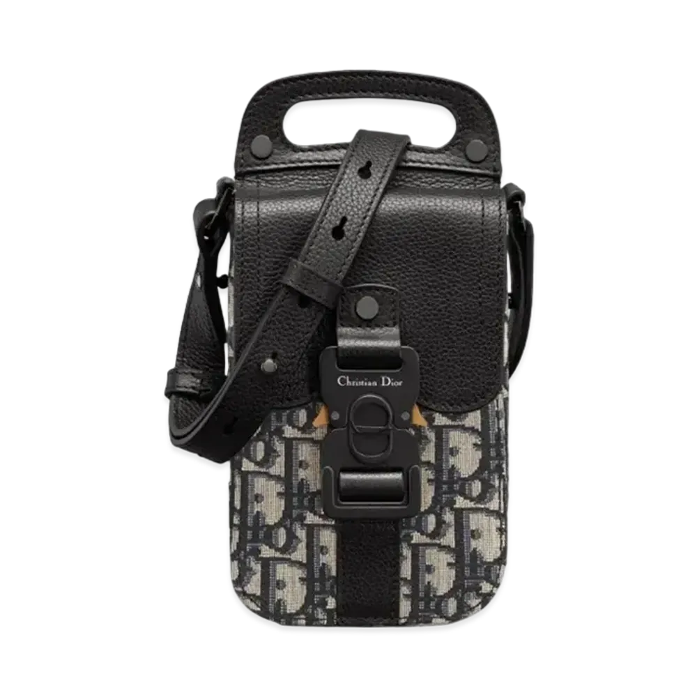Dior Saddle Vertical Pouch Strap Dior Oblique Jacquard Black Grained Calfskin "Beige/Black"