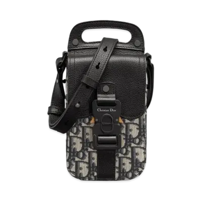 Dior Saddle Vertical Pouch Strap Dior Oblique Jacquard Black Grained Calfskin "Beige/Black"