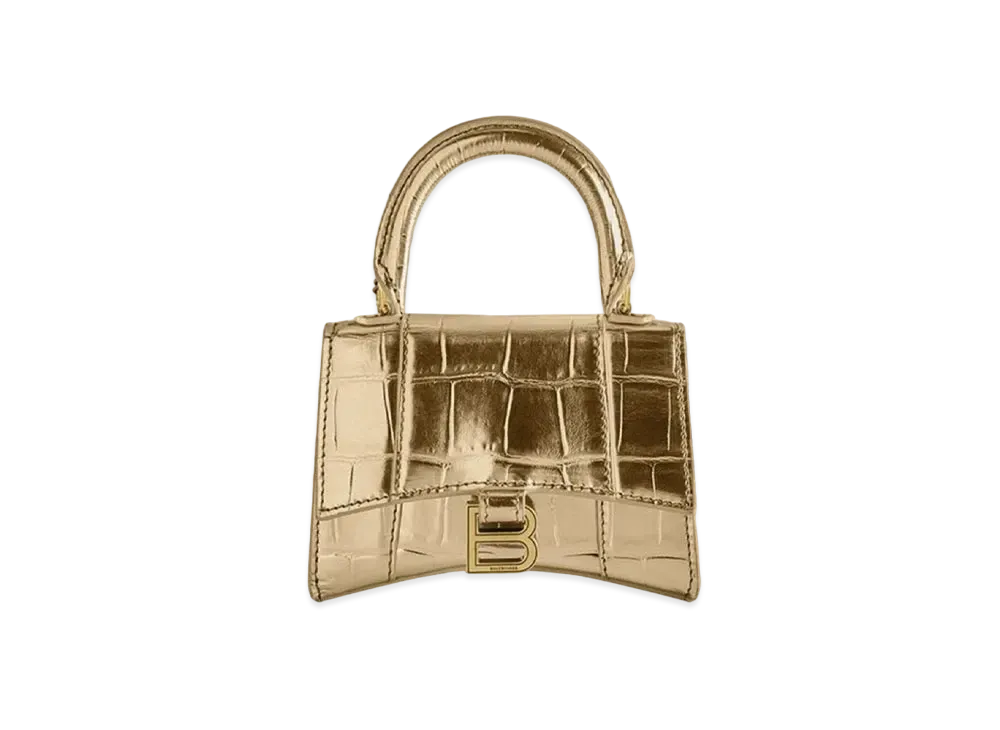 BALENCIAGA Hourglass Mini Handbag With Chain In Metallized Crocodile Embossed Calfskin "Gold"