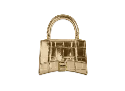 BALENCIAGA Hourglass Mini Handbag With Chain In Metallized Crocodile Embossed Calfskin "Gold"