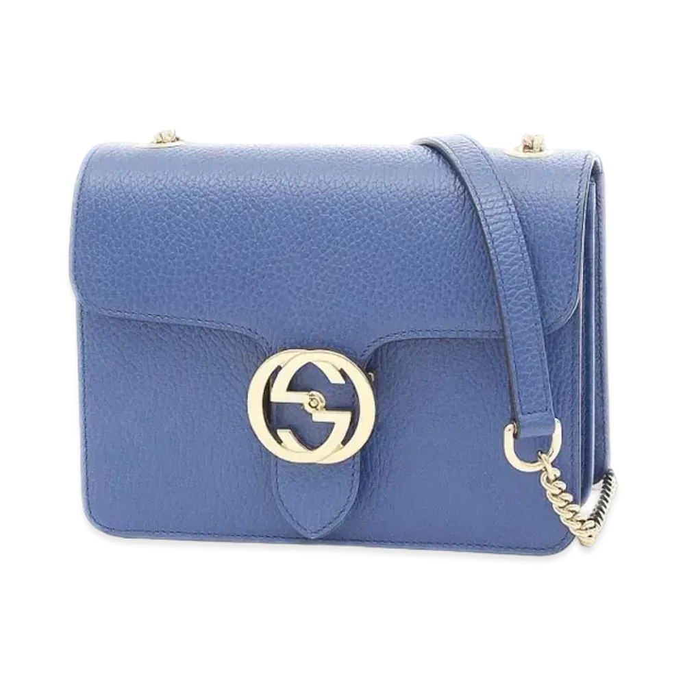 GUCCI Leather Interlocking G Chain Shoulder Bag "Blue"