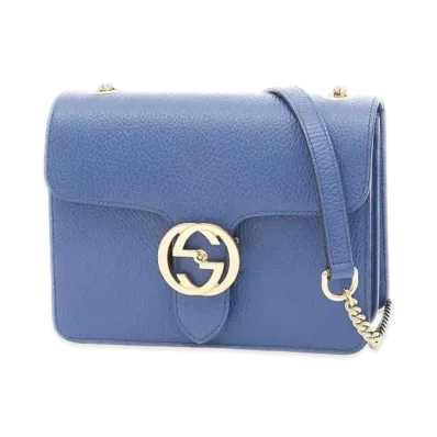 GUCCI Leather Interlocking G Chain Shoulder Bag "Blue"