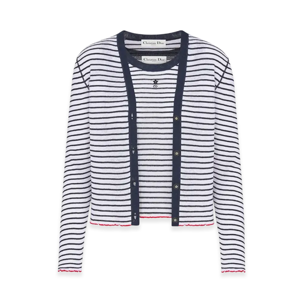 Dior Women's Linen Cashmere and Silk Ribbed Knit with Dior Mariniere Motif Dioriviera Twinset "White/Navy"