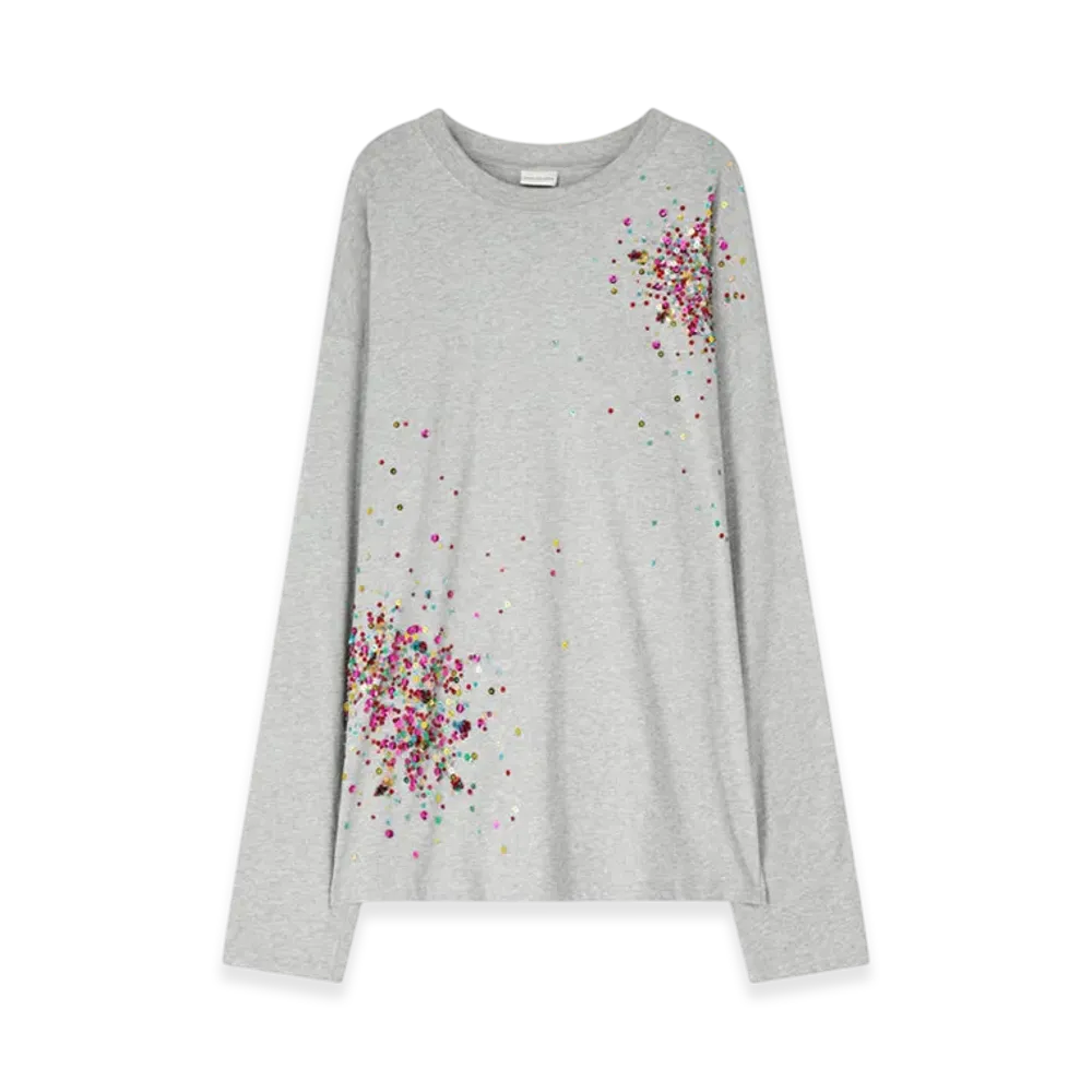 DRIES VAN NOTEN Women's Embellished Long Sleeve Tee "Grey melange"