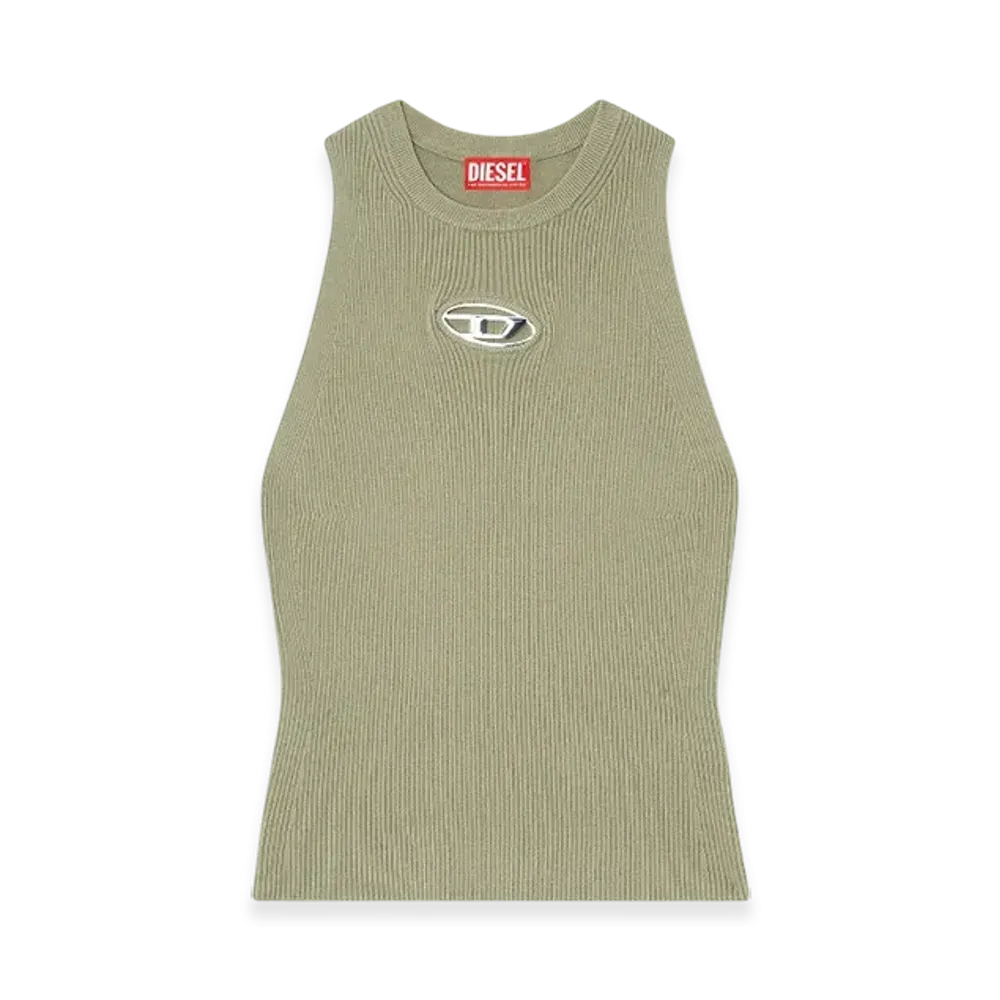 Diesel M-Caddix-Top Rib-Knit Top With Small Logo Plaque "Green"