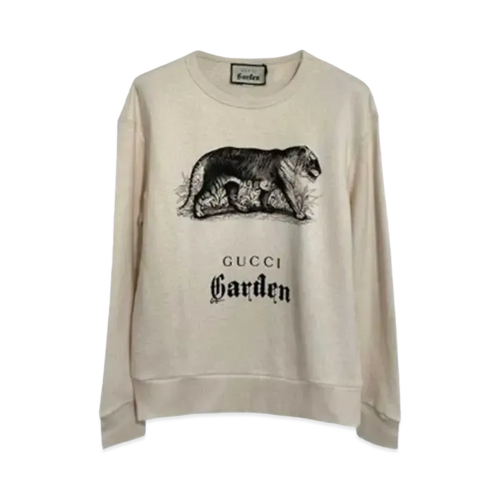 GUCCI Women's Tiger Print Loose Round Neck Pullover Sweater "Beige"