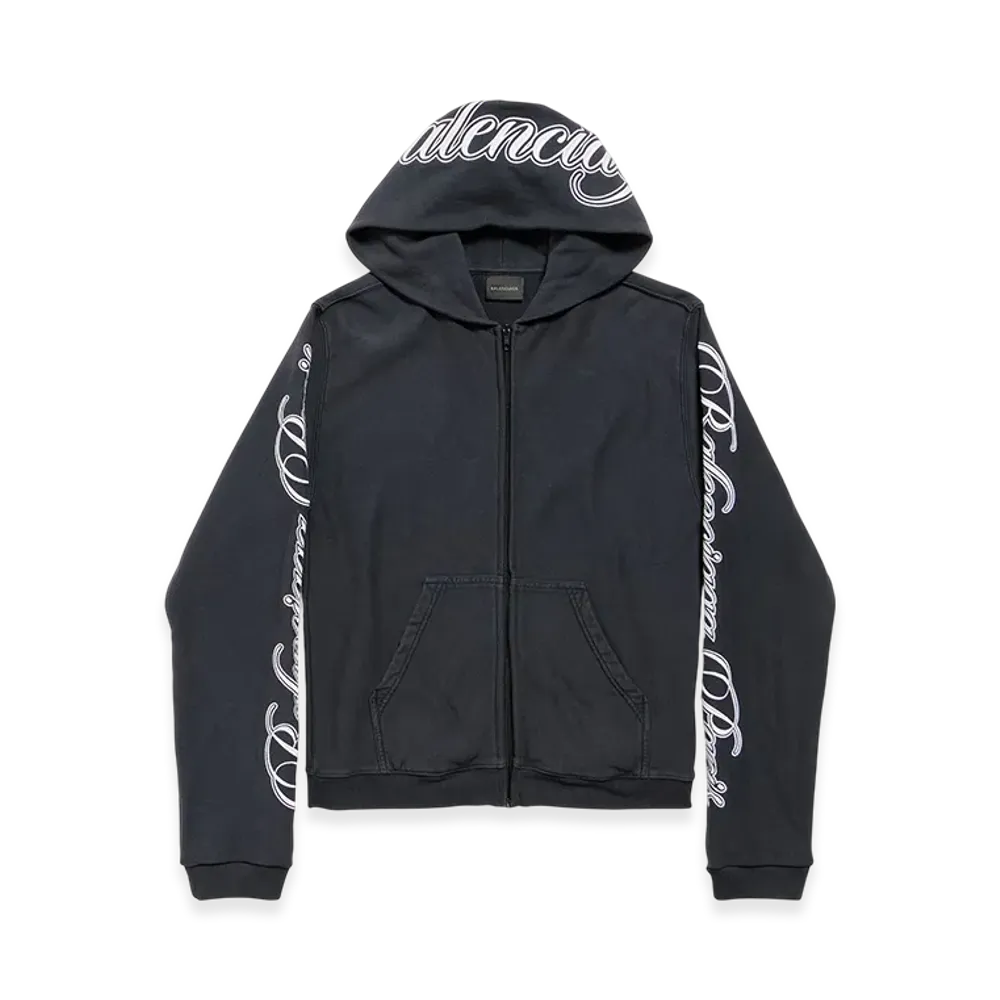 BALENCIAGA Cursive Zip-up Hoodie Regular Fit "Washed Black/White"