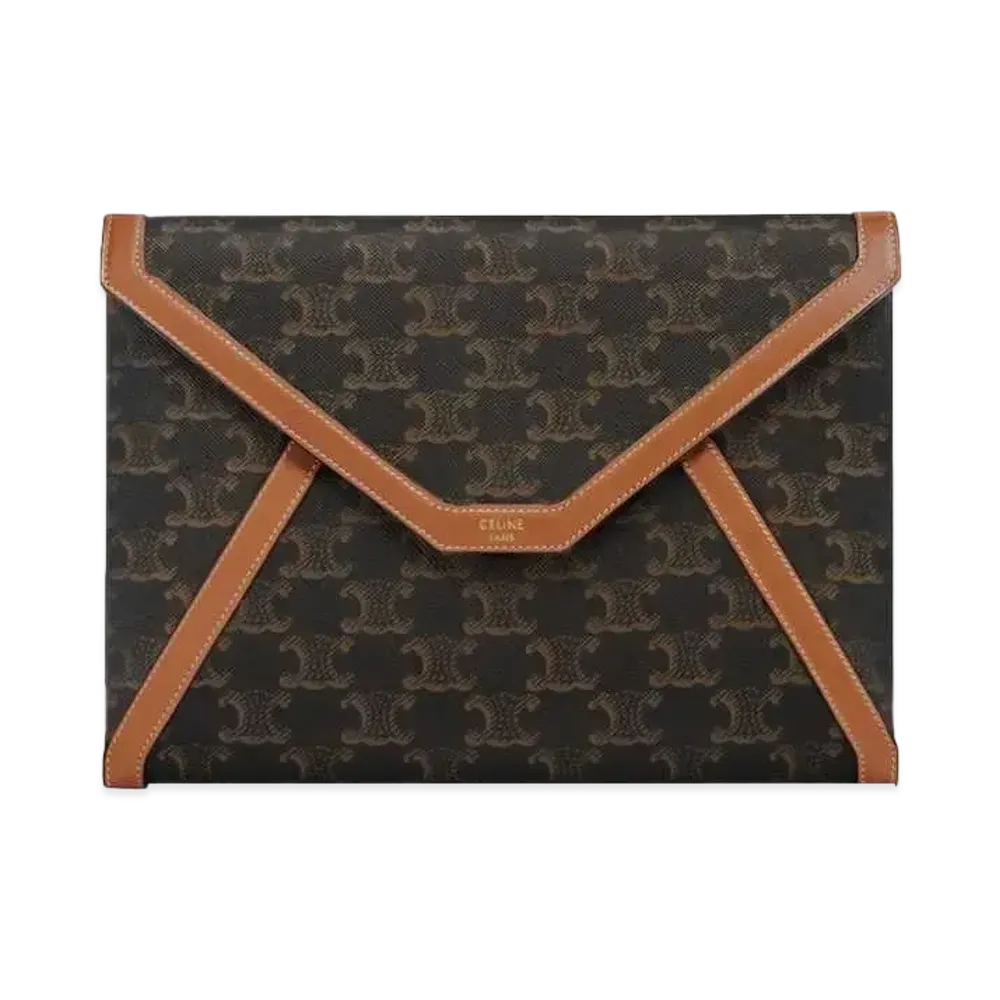 CELINE Envelop Small Pouch in Triomphe Canvas and Calfskin "Tan"