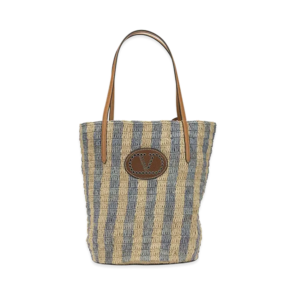Valentino Women's V Logo Raffia Medium Shoulder Bag "Beige"