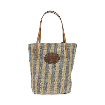 Valentino Women's V Logo Raffia Medium Shoulder Bag "Beige"
